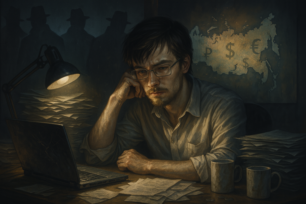 A young man sits alone in a cluttered room, overwhelmed by paperwork and debt, while shadowy mafia-like figures loom in the background — a visual metaphor for financial ruin and betrayal in post-Soviet Russia.